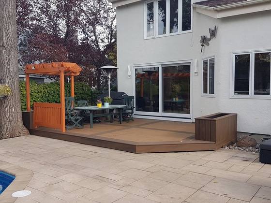 Cour arrière avec terrasse, pavé et pergola